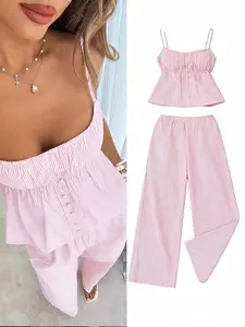 Women's Summer Tank Top and Wide Leg Pants Set, Casual University Style, Home Wear, Comfortable Daily, Striped Design