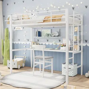 Garvee Space-Saving Metal Loft Bed with Large Desk and 2-Tier Storage Shelves, Heavy Duty Steel Frame, Safety Guardrail and Ladder, Twin Size Bunk Bed for Kids and Adults, White/Brown/Black Options