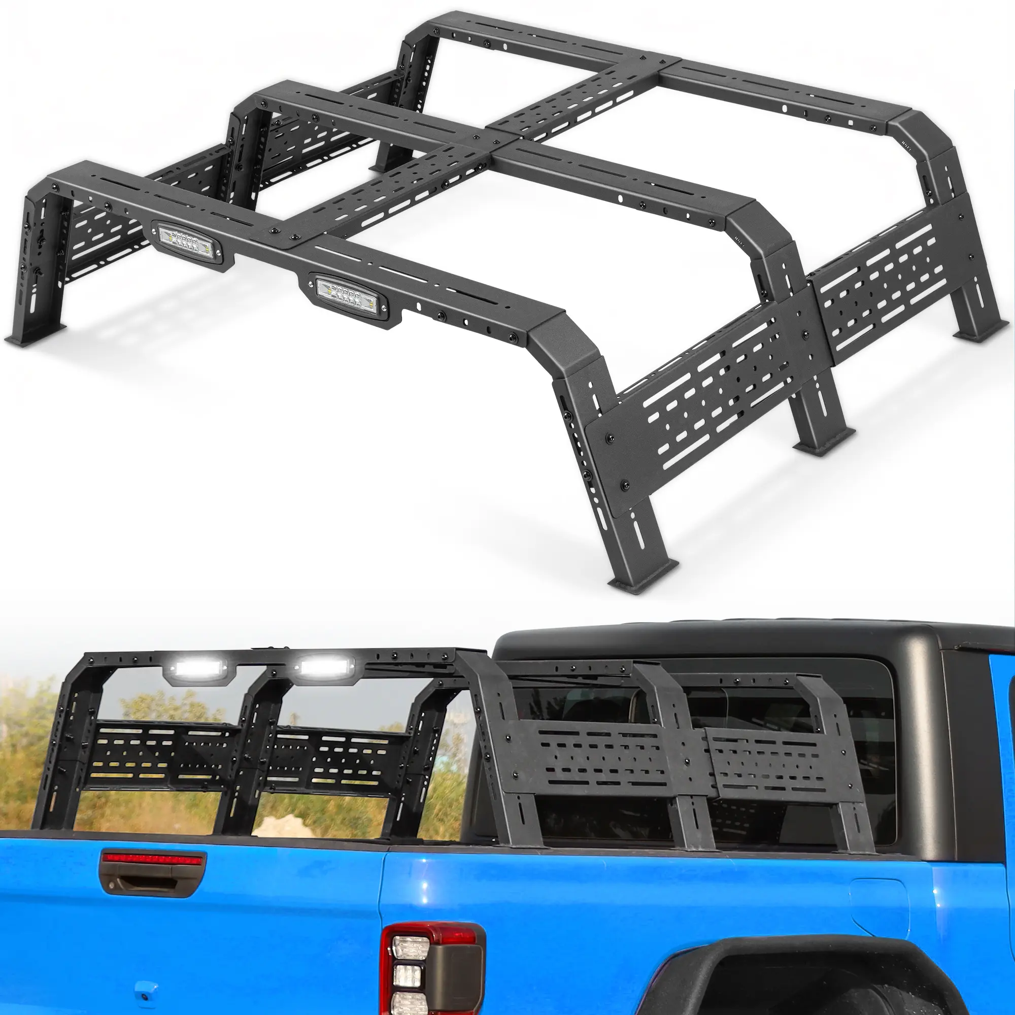 MONOKING Truck Bed Rack for 2004-2026 F-150/F-250/F-350/F-450, 2002-2026 Ram, 2007-2026 Silverado/Sierra/Tundra, 2005-2026 Titan, Adjustable 800 lb Static Rack with Dual LED Lights