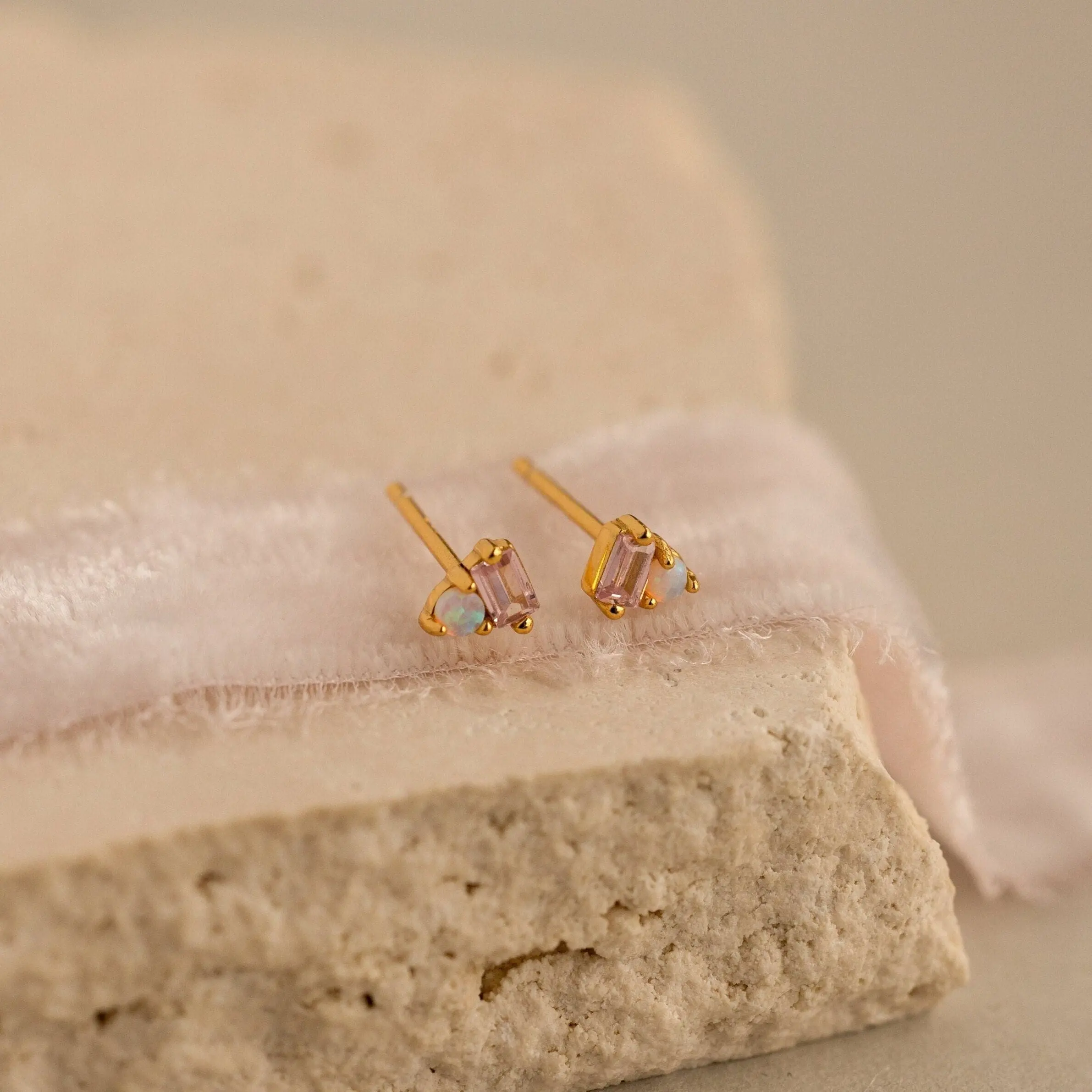 Pink Baguette Opal Studs by Caitlyn Minimalist - Dainty Pink Tourmaline & Opal Stud Earrings - Crystal Jewelry - Gift for Her