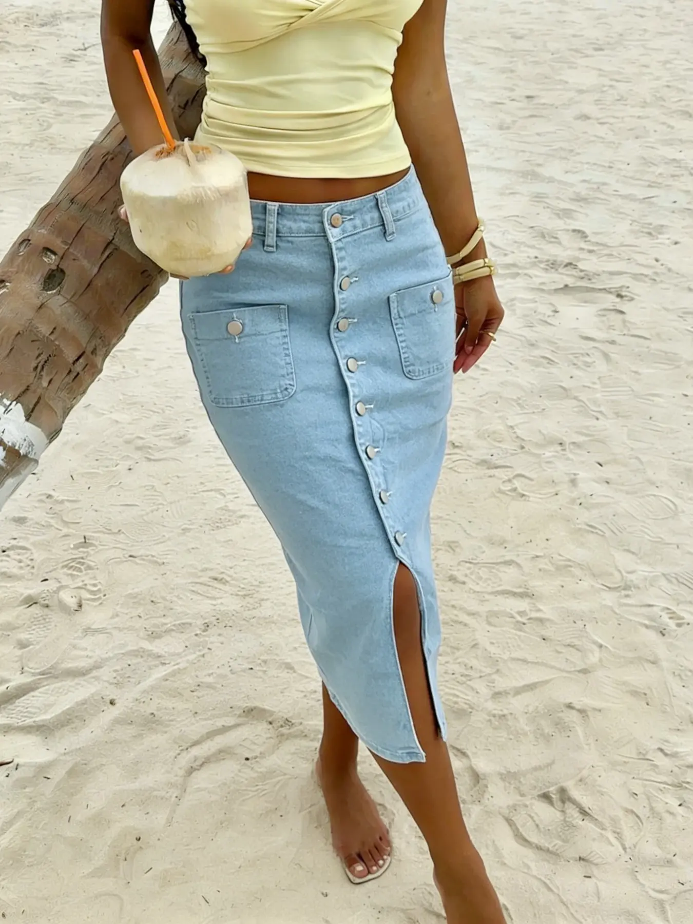 Women's Mid-Rise Stretchy Denim Pencil Skirt, Light Blue Wash Midi Jean Skirt with Front Button Placket & Side Slit, Elegant Bodycon Fit Casual Summer Skirt, Chic Trendy Daily & Vacation Wear Bottoms, Beach Holiday Side Split Skirt