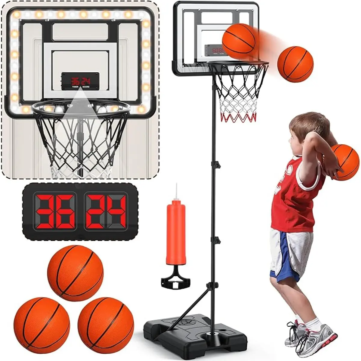 Parent-Child Interactive Mini Basketball Hoop Set for Kids 3-8 Years, Adjustable Height 2.9ft-5.9ft, LED Scoreboard with Voice System & Wireless Remote, Black Portable Safe Sports Toy (2.95kg, 5x12x74in) for Halloween, Birthdays, Abs Training