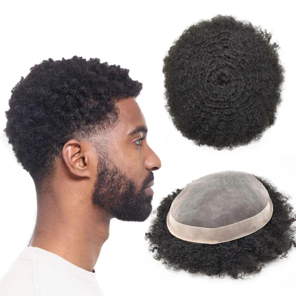 Afro Curly Toupee for Black Men Durable Fine Monofilament Afro Weave Hair Units Wigs Kinky Curl Mens Toupee Hairpieces Wavy Human Hair Replacement Systems for Men
