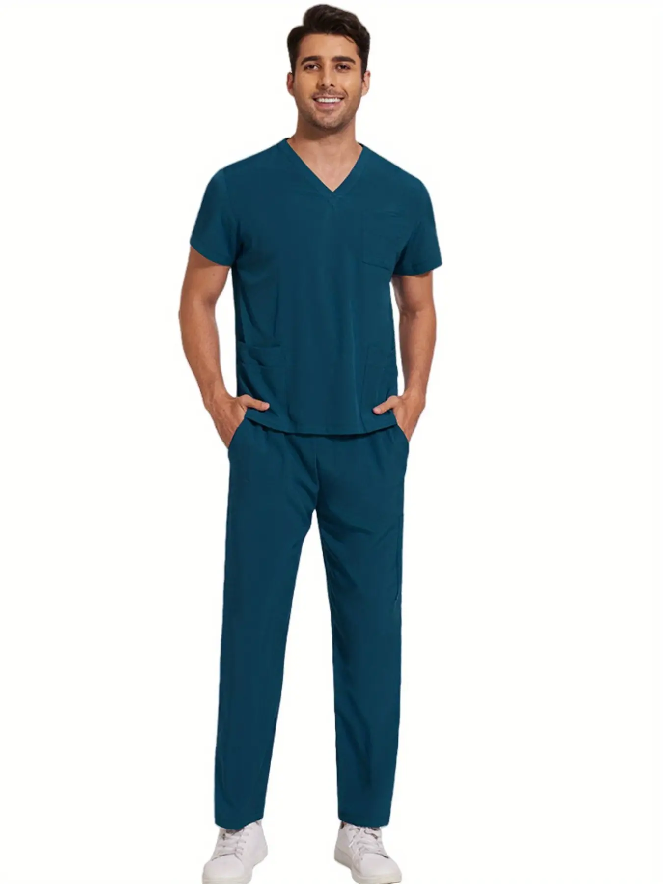 Summer Two-Piece Solid Color Scrub Set - Short Sleeve with Pockets, Micro Elastic Polyester Fabric, Drawstring Pants - Medical & Health Care Uniform for Men, Casual Wear Sea Blue