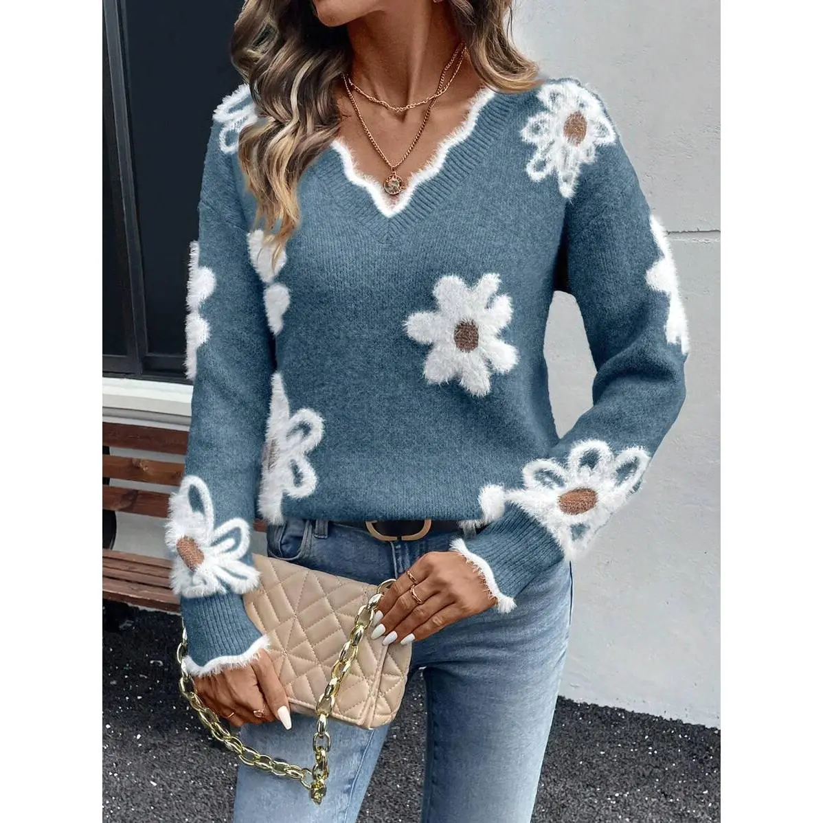 Women Elegant Mink Fur Flower Graphic Shell Trim Sweater,Long Sleeve Tops Knit Pullover Fall Winter Outfit