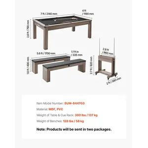 VEVOR 7ft Pool Table Combo Set, 3-in-1 Multi Game Billiards Tables with Dining Top and Ping Pong, 2 Benches for Storage and Accessories, Includes Ball Cue Rack Chalk Brush, for Family Recreation Room