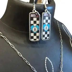 Western Light Printed Leather Dangle Earrings with Checkerboard Design and 8 Ball - Elegant Drop Earrings for Stylish Occasions