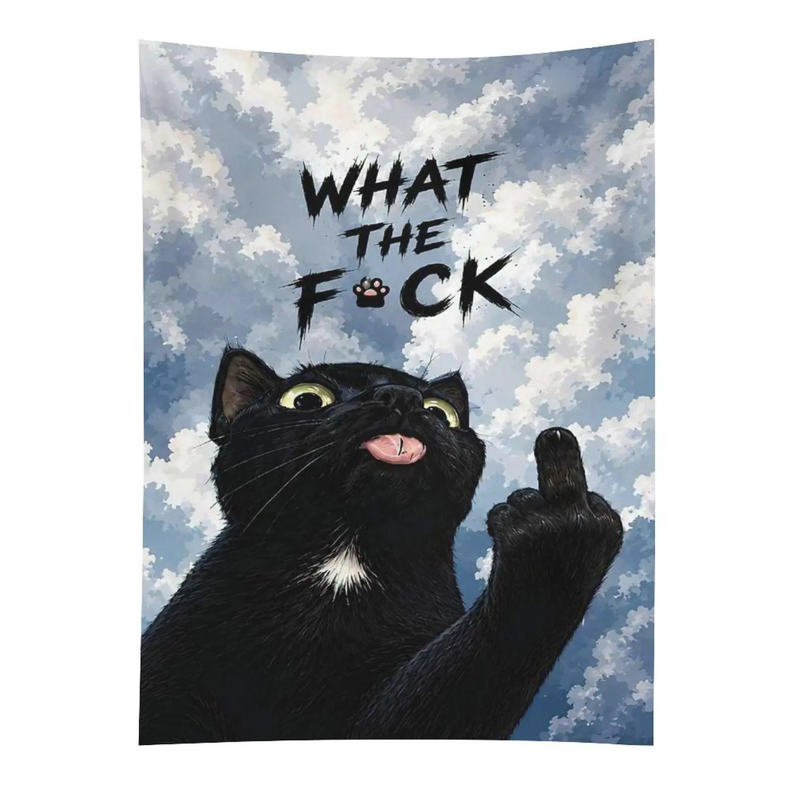 Funny Middle Finger Black Cat Polyester Tapestry, Home Wall Hanging Decor for Living Room Bedroom