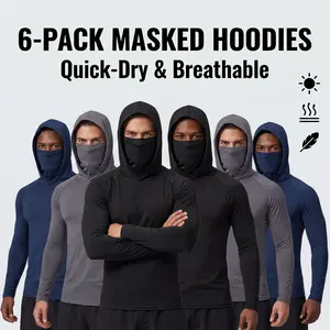 6-piece set men's outdoor work sun protection clothing with sun-blocking hoodie, featuring built-in face mask and neck guard, breathable long-sleeve hoodie