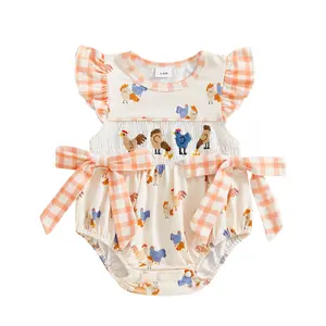 Newborn Baby Girl Outfits Farm Chicken Embroidery Romper Ruffle Smocked Fly Sleeve Bodysuit Infant Summer Clothes