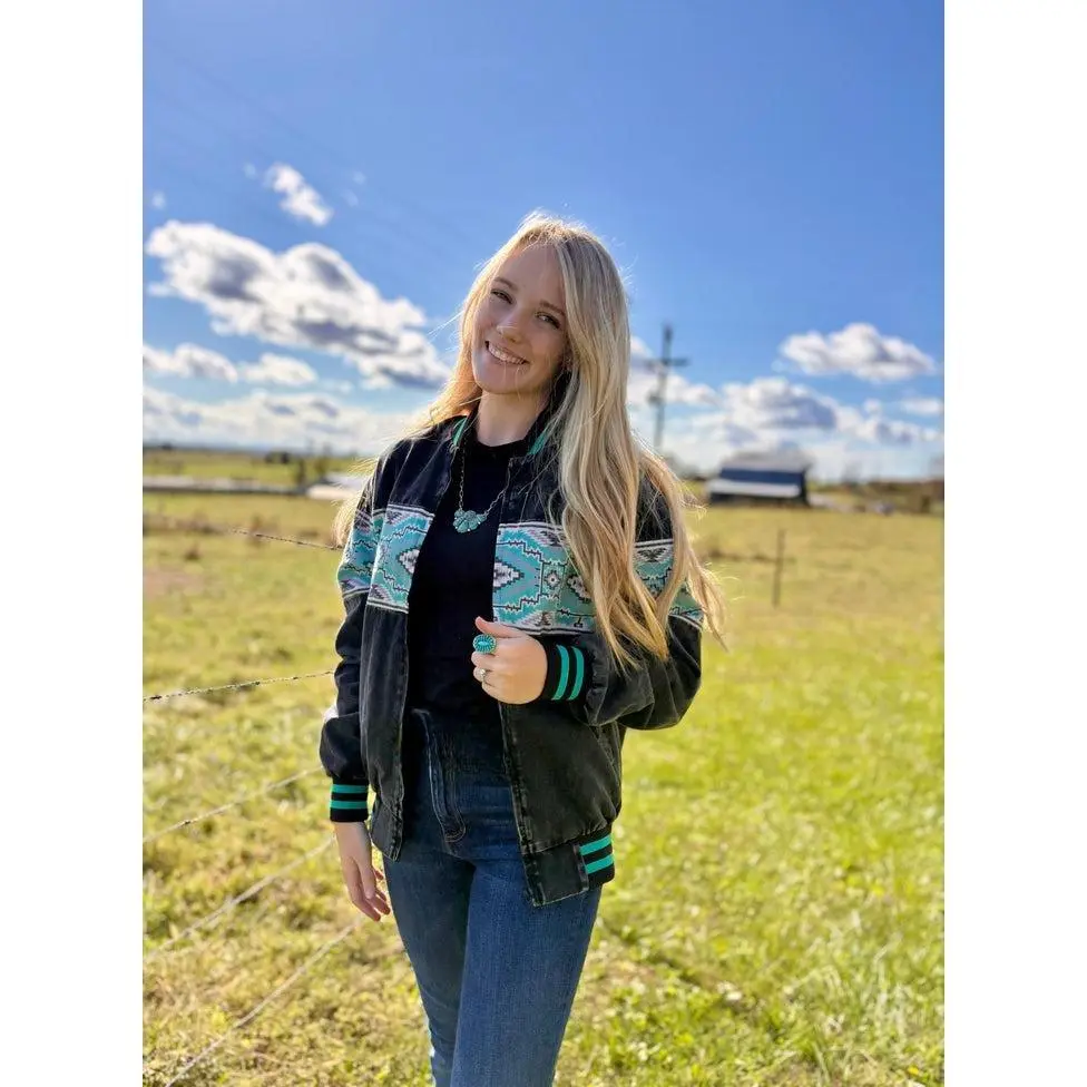 High Desert Horizon Womens Bomber Jacket - Black with Vibrant Turquoise Aztec Pattern Retro Vibes Modern Edge 100% Cotton Shell 100% Polyester Lining
