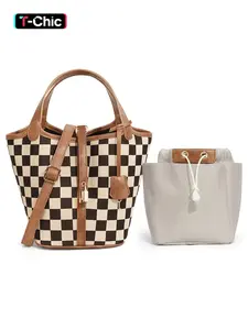 Women's Plaid Checkered Crossbody Bag, Fashionable Patterned Bag, Polyester Bucket Bag for Women, Vegetable Basket Shape Satchel with Top Handle Bags, Lightweight Adjustable Purse Handbags, Holidays Gift, Suitable For Work