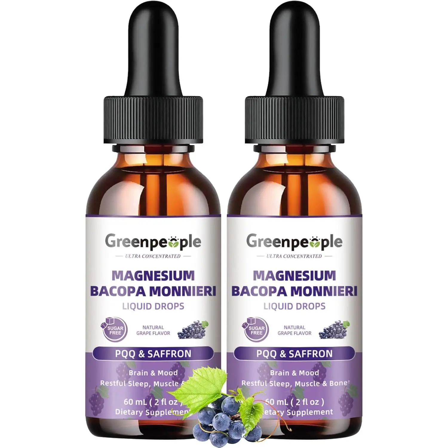 GREENPEOPLE Magnesium Glycinate Liquid Drops, (2 Pack) 2 fl oz, Sugar-Free | 4-in-1 High Absorption Liquid Magnesium for Sleep for GABA, Saffron & Bacopa for Sleep, Mood and Brain, Grape Flavor
