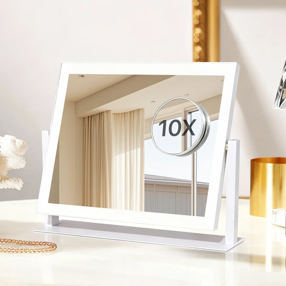 GLITGATE LED Vanity Mirror with Lights 360° Rotating Makeup Mirror 3 Lighting Modes Smart Touch Dimmable for Bedroom Home Decor Durable Aluminium Frame USB Type-C Powered Large Full Face View Best Gift, BackToSchool