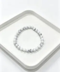 6mm Natural Howlite Beaded Bracelet, Handmade White Gemstone Stretch Bangle for Women Men, Healing Crystal Jewelry