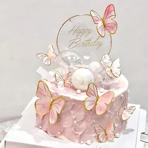 Pink Butterfly Cake & Cupcake Toppers, 11pcs Set with Metal Gold Happy Birthday Topper for Girls’ Party Decorations