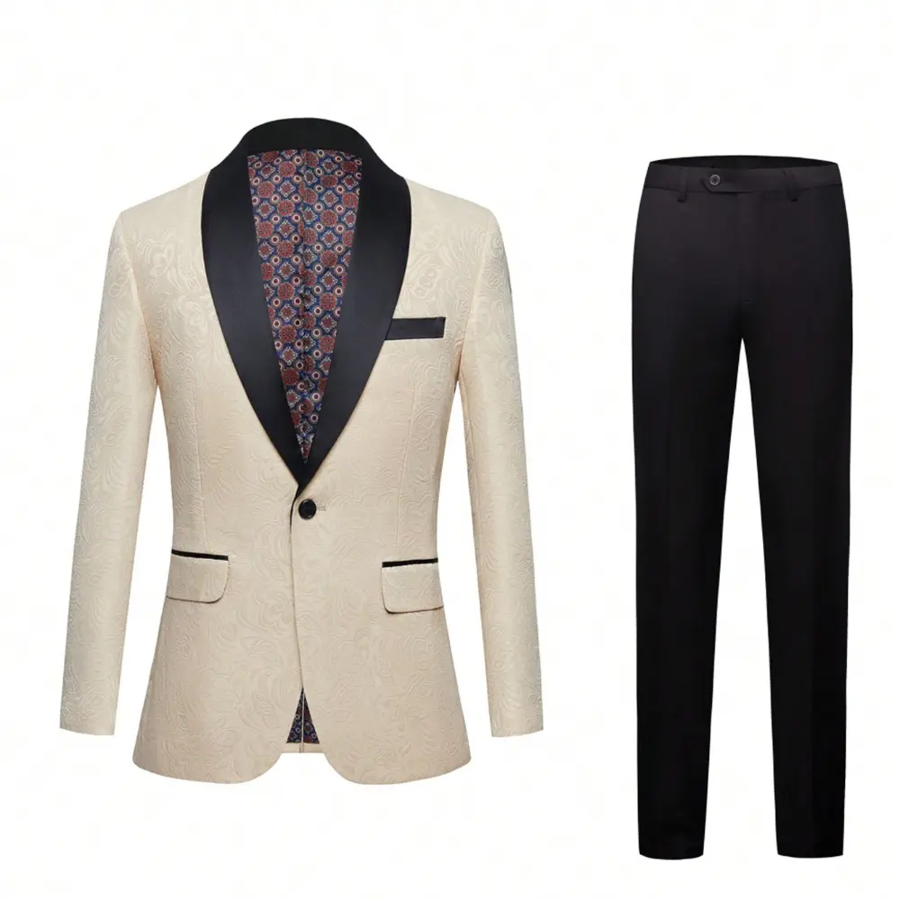 Men's Slim Fit Paisley Tuxedo Suit, 2-Piece Jacquard Set with 2-Finger Button Shawl Lapel Blazer and Flat-Front Pants for Weddings and Prom, 2 Finger Button Men's Suits