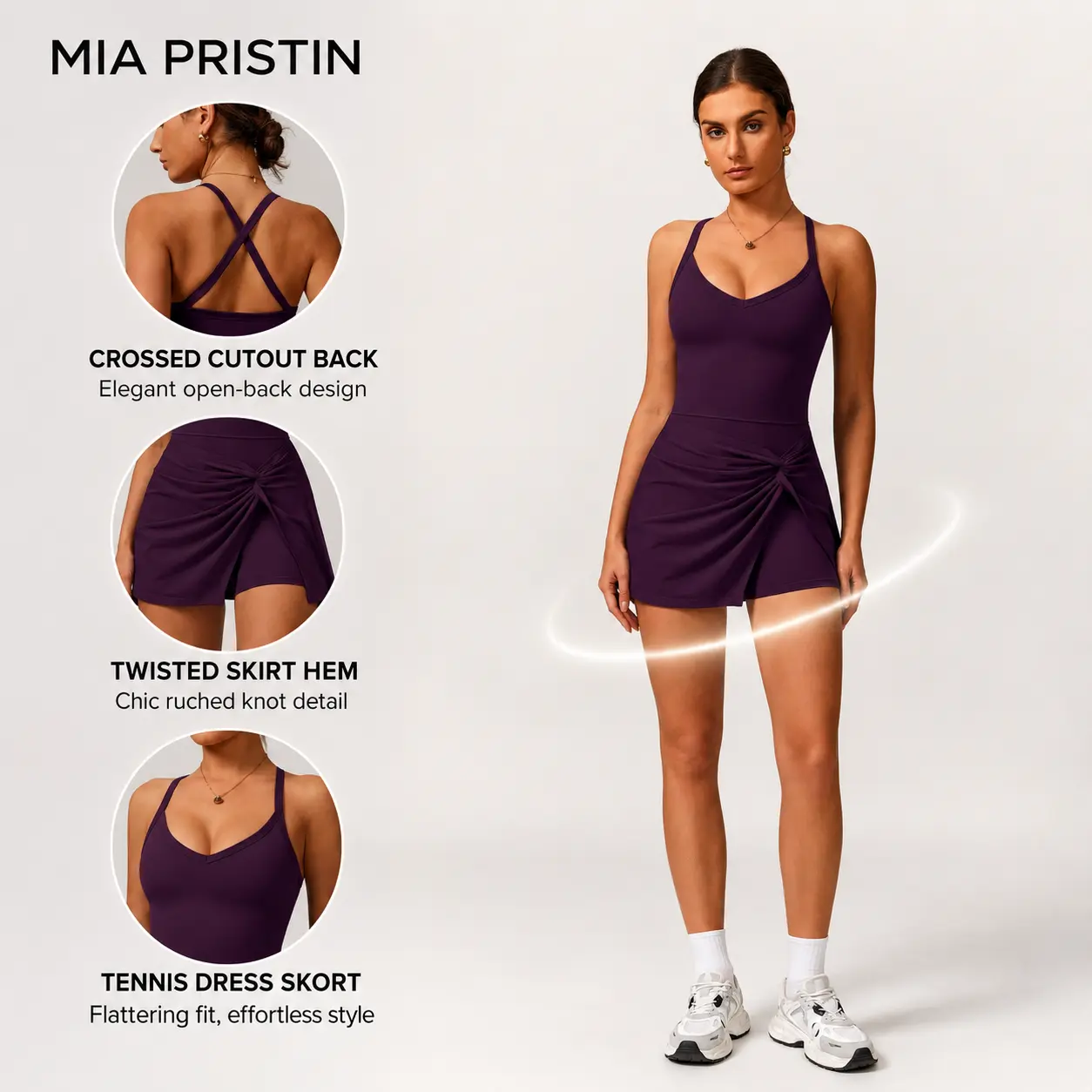 MIA PRISTINE Women's Athletic Golf Jumpsuit, Sleeveless Quick Dry Female Romper with Built-in Shorts, Twist Knot Skirt, and Removable Pads