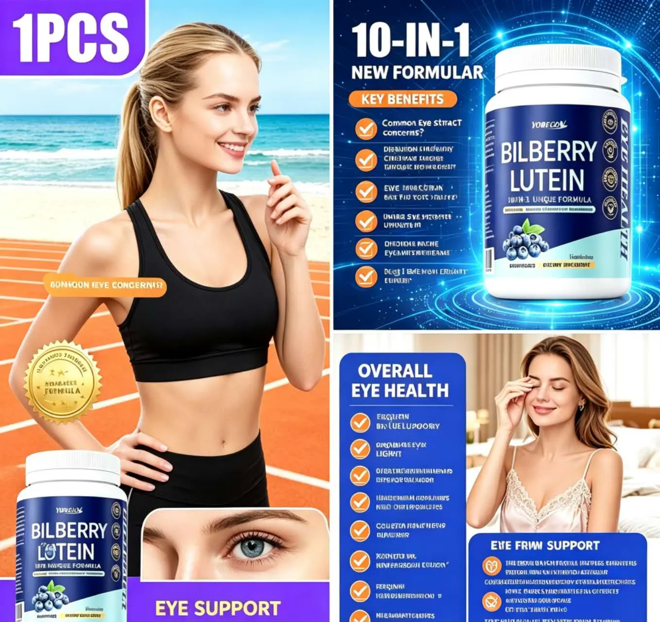 Yobecon Eye Care Antioxidant Mineral Supplement Capsules - 1150mg Natural Nutritional Complex with Vitamin D3, Vitamin C, Blueberries, Carotene, DHA, EPA, Prop 65 Safe for Senior Eyesight Improvement