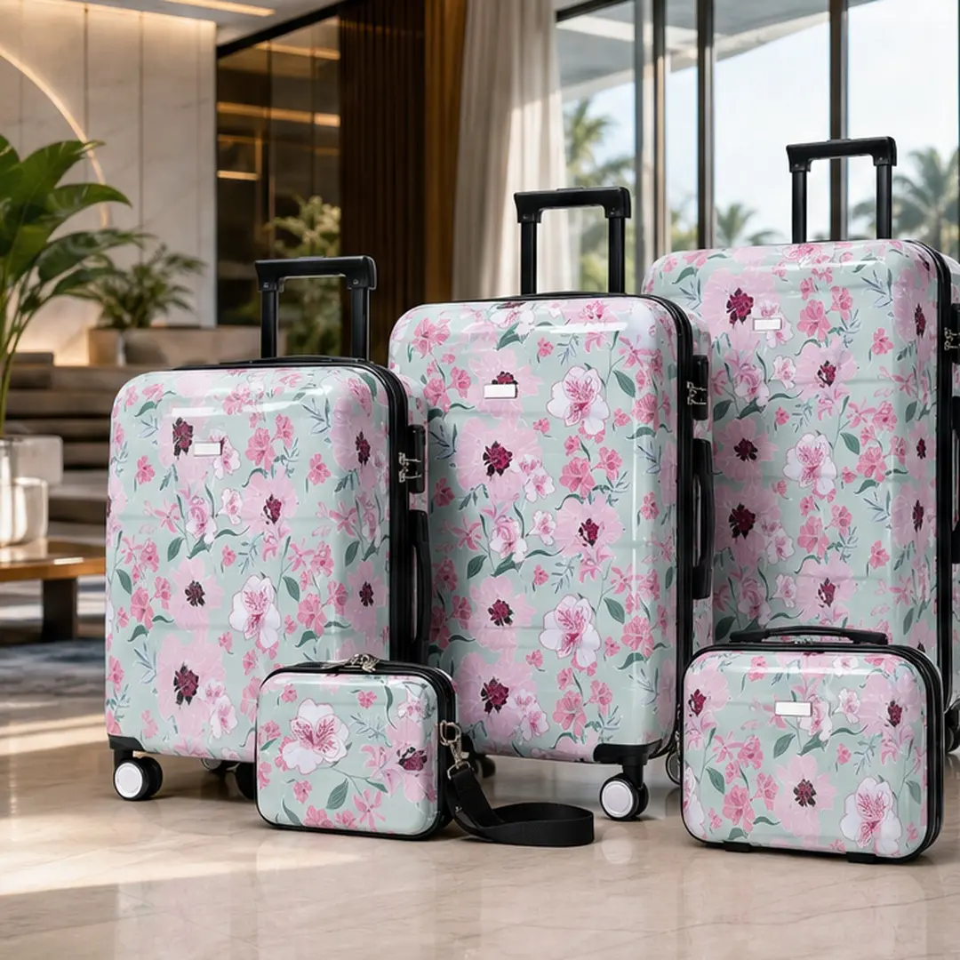 Women's ARCH 5-Piece Printed Flowers Hardside PC Luggage Set - Lightweight Durable Spinner Wheels Suitcases with TSA Lock, Handles, Zip, Shoulder Straps, 8in Case,14in Cosmetic Case,20/24/28in Luggage, Green&Pink, 11.00x18.10x29.50in Inches, 24.97 lb, S,,
