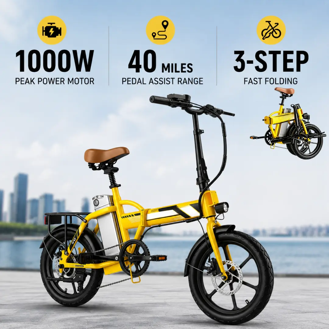 Adult Folding Electric Bike - 1000W Motor, 40 Mi Range, 20MPH Top Speed, Removable Battery, Ideal for Commuting & Travel, Sport E-Bike