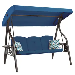 3-Seat Outdoor Canopy Porch Swing with Stand, Patio Swing with Canopy, 2 in 1 Porch Swing Bed & Patio Swing Chair for Adult, Yard Swing Extra 2 Piece Free Pillows and Cup Holder