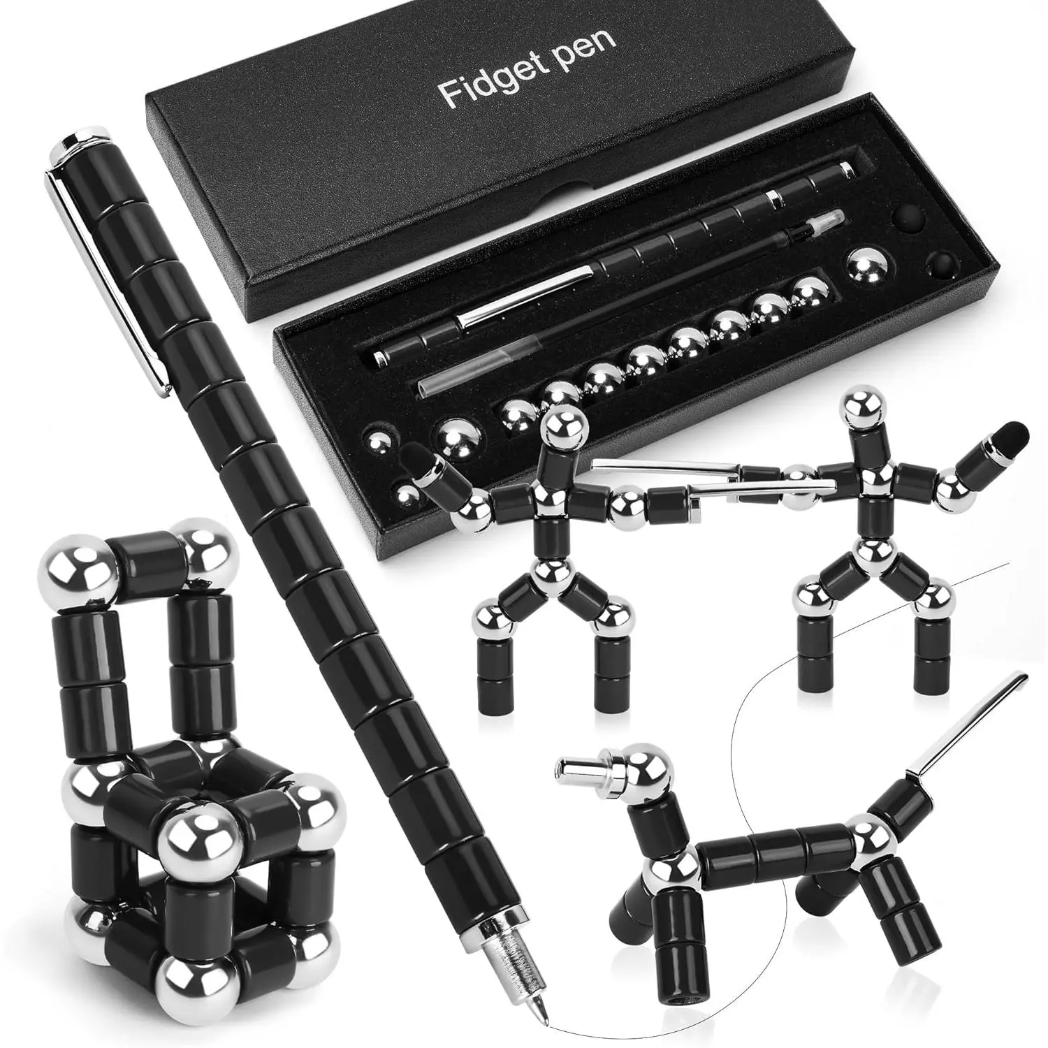 Magnetic Shapeshifting Fidget Pen - 13 Magnetic Rings, 2 Large Steel Balls, 2 Touch Screen Tips, Gift Boxed Office Stationery Stress-Relief Gadget for Boys and Girls, Colleagues, Designers - Adult Supervision Required Unwind Tool (Black)