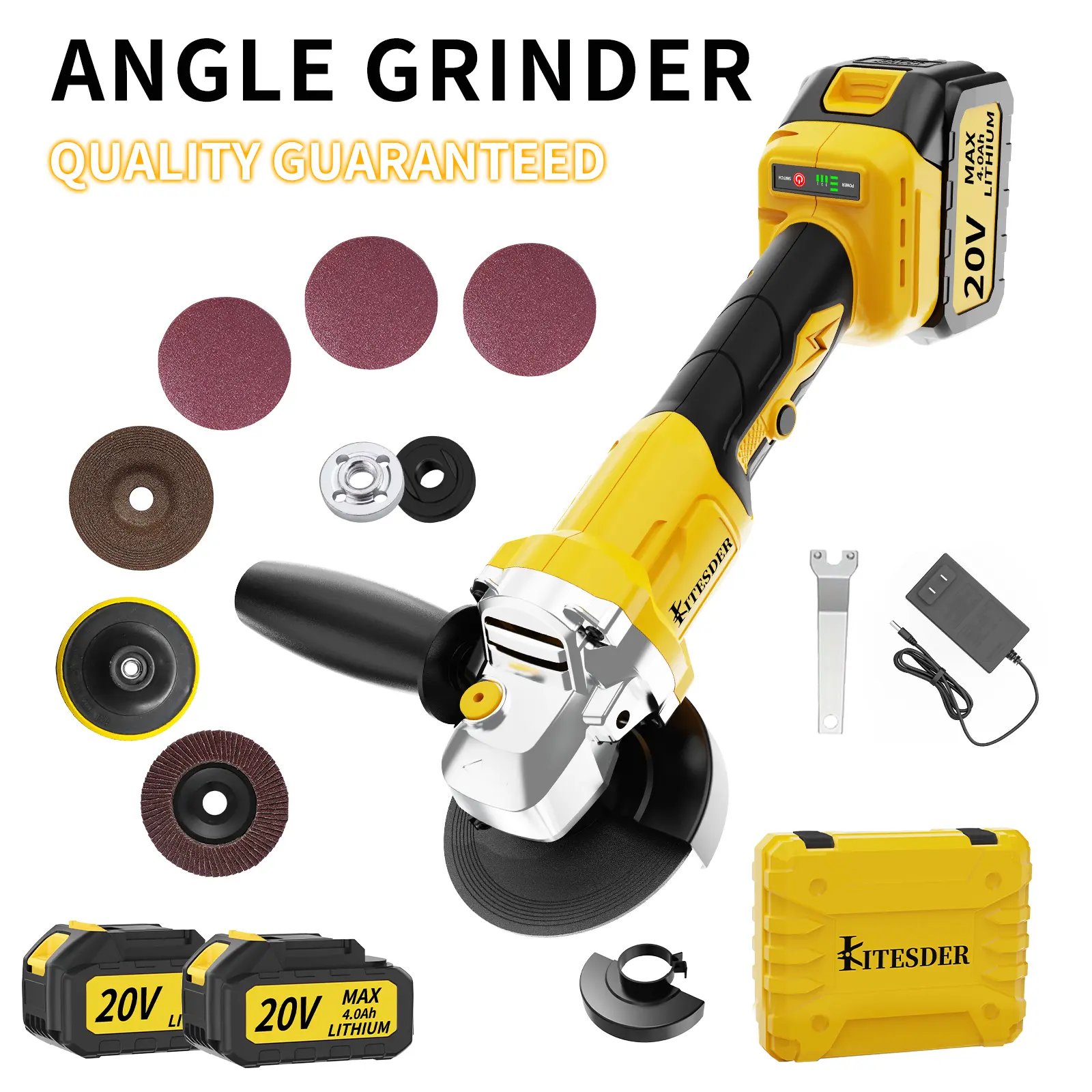 KITESDER 20V Brushless Cordless Angle Grinder Kit - Angle Grinding Machine with 9000/11000 RPM, Rotating Head, Cutting/Polishing Discs, Batteries for Home Improvement DIY Crafts