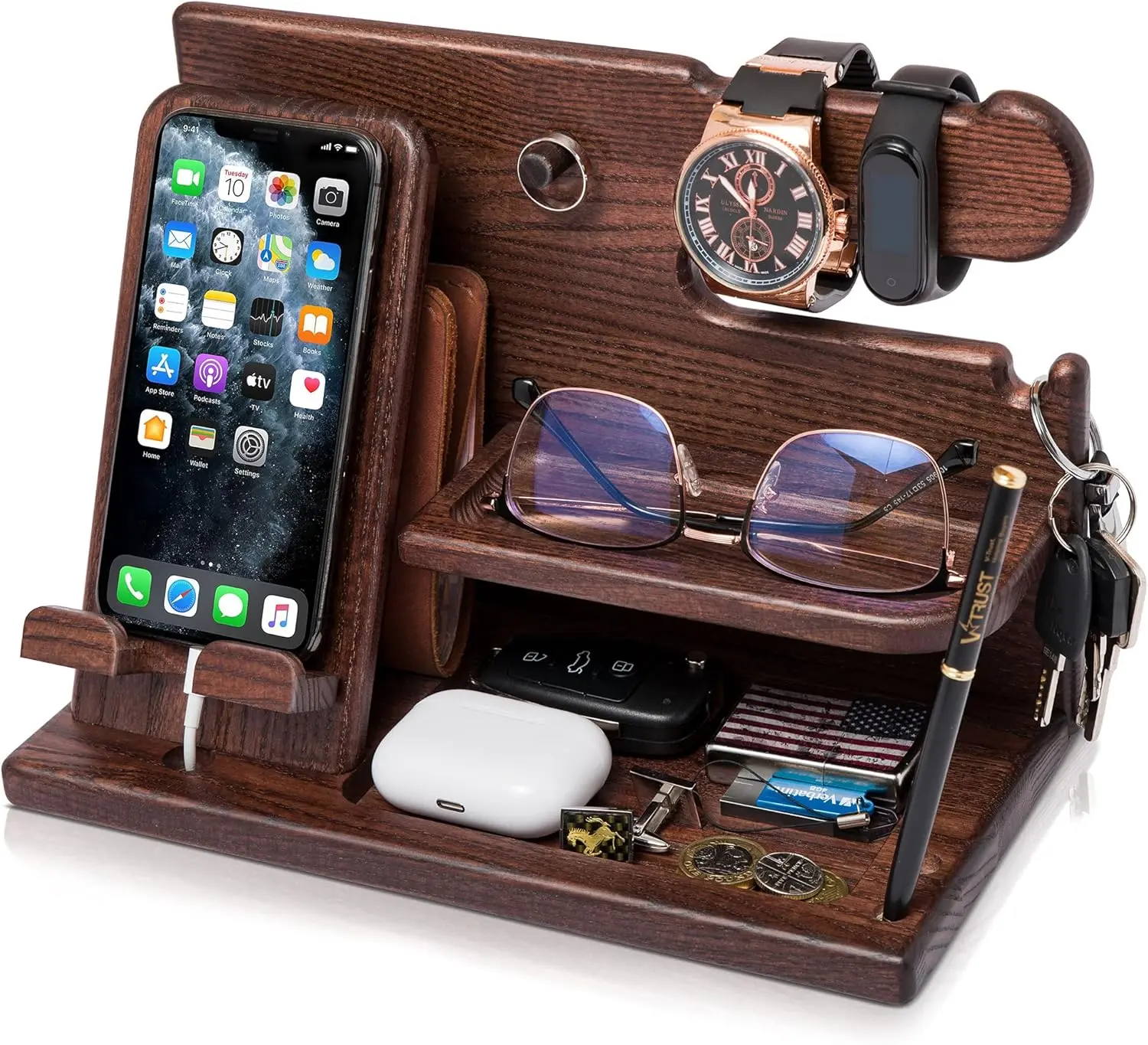 Wood Phone Docking Station Nightstand & Desk Organizer for Phone Wallet Watch Keys More Elegant Gift for Men Stylish Daily Essentials Organizer Perfect for Birthday Father's Day or Anniversary