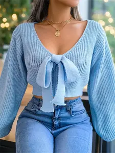 Women's Plain Bow Decor Tie Front Fitted Crop Knitted Sweater, Casual Chic Bishop Sleeve V Neck Jumper for Fall & Winter, Women's Knitwear for Daily Wear
