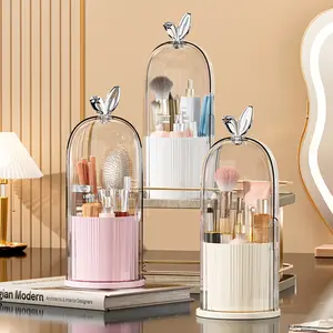 Makeup Brush Storage Box, 1 Count 360 Degree Rotatable Dustproof Makeup Brush Holder with Lid, Durable Storage Organizer, Cosmetic Organizer for Bedroom Bathroom Salon Hotel