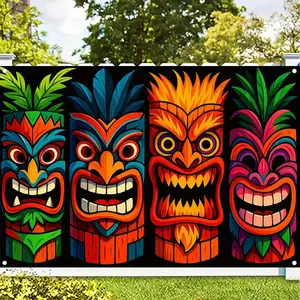 Durable Polyester 2D Flat Colorful Tiki Mask Array Backdrop Banner, 1pc Tiki Totem Pole Design Decoration, Hawaiian Theme Party Supply for Birthday Celebrations & Photo Booth Use, Banners