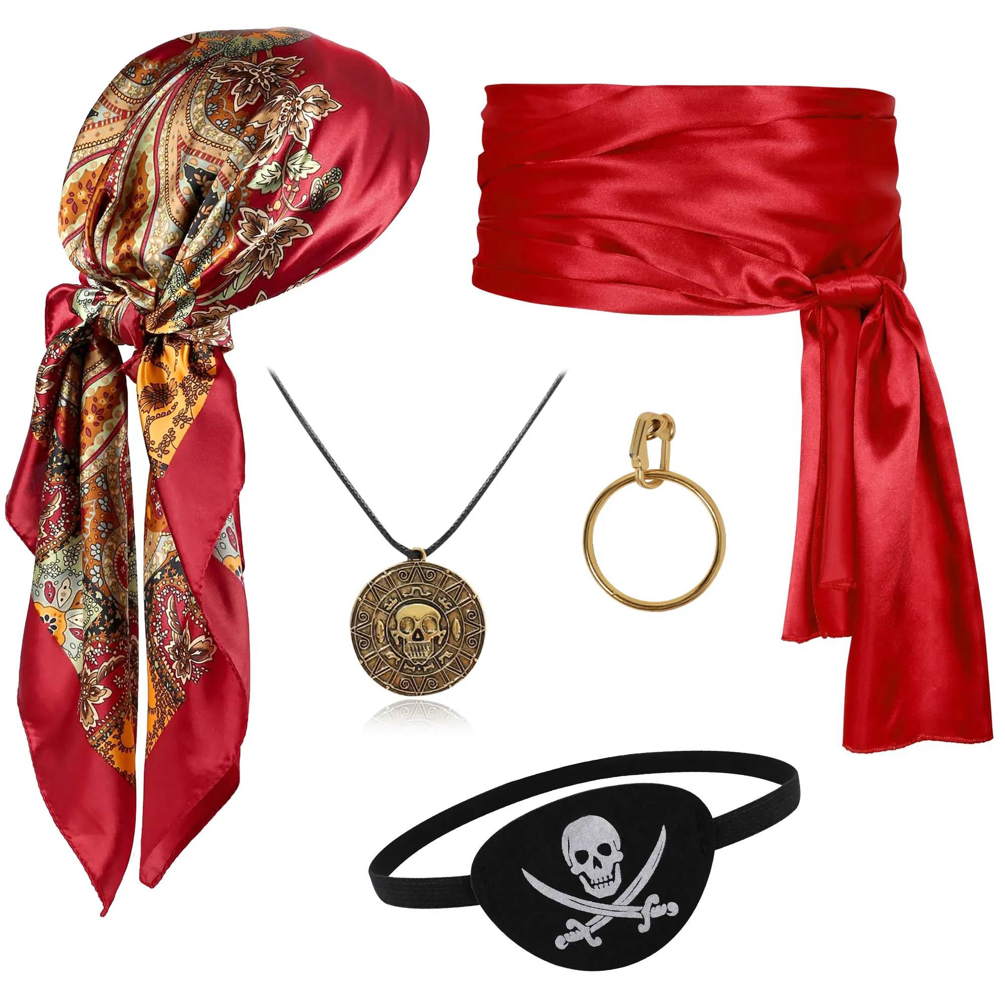 Unisex Red Pirate Costume Accessories Set, 5Pcs Women Men Halloween Cosplay Kit, Paisley Satin Bandana, Red Waist Sash, Skull Eye Patch, Pirate Coin Necklace & Gold Hoop Earring  for Pirate Fancy Dress Party