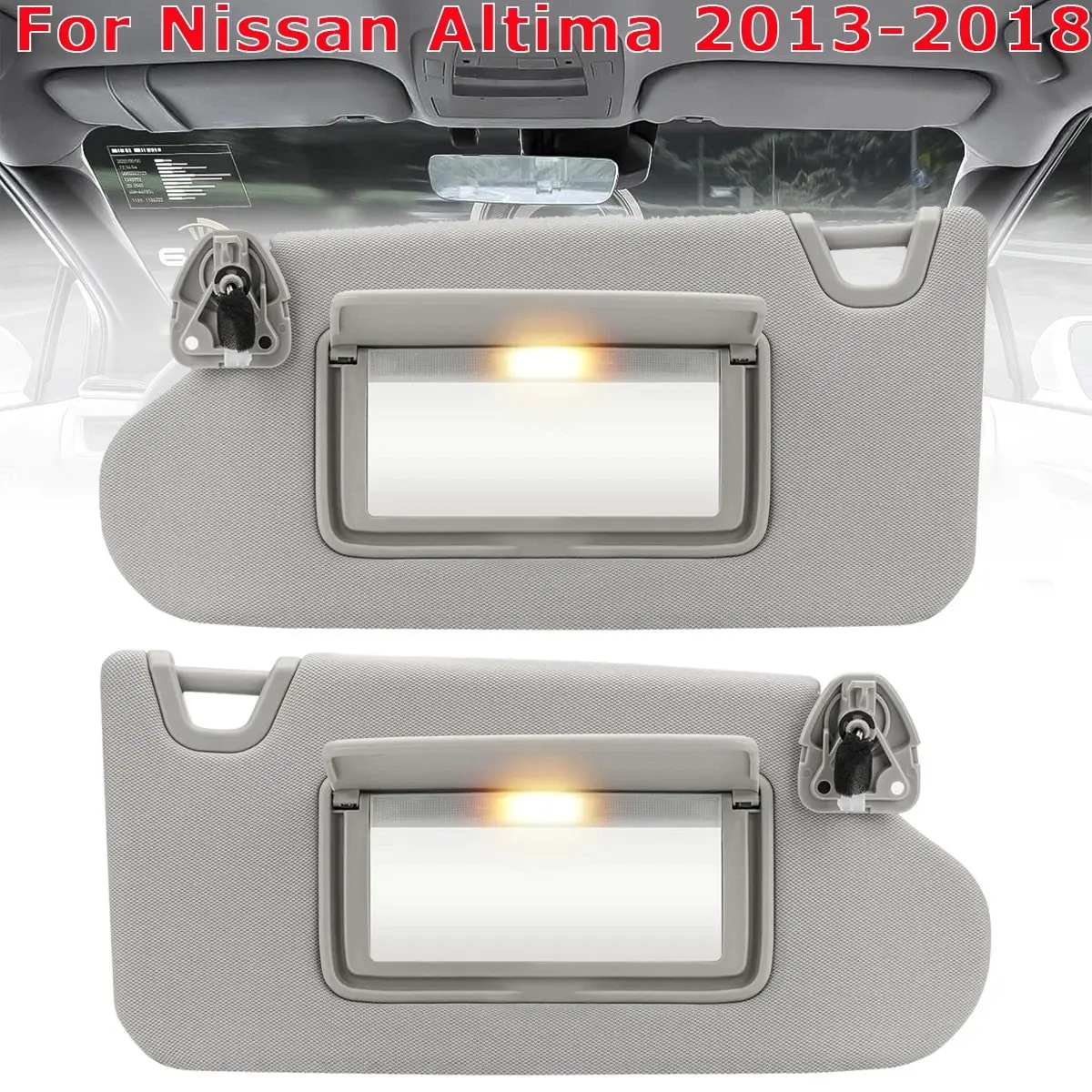 Pair Set Gray Sun Visors with Light & Built-In Mirror, 2013-2018 Fit Left & Right Driver Passenger Side for Nissan Altima (No Sunroof), Replaces OEM 96400-3TA2A, 96401-3TA2A, Glare Reduction Car Exterior Accessory