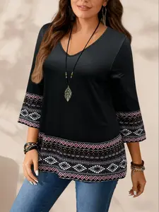 New Vacation Casual Plus Size Women's Ethnic Print V-Neck Loose Top, Stylish and Comfortable, Perfect for Daily Wear