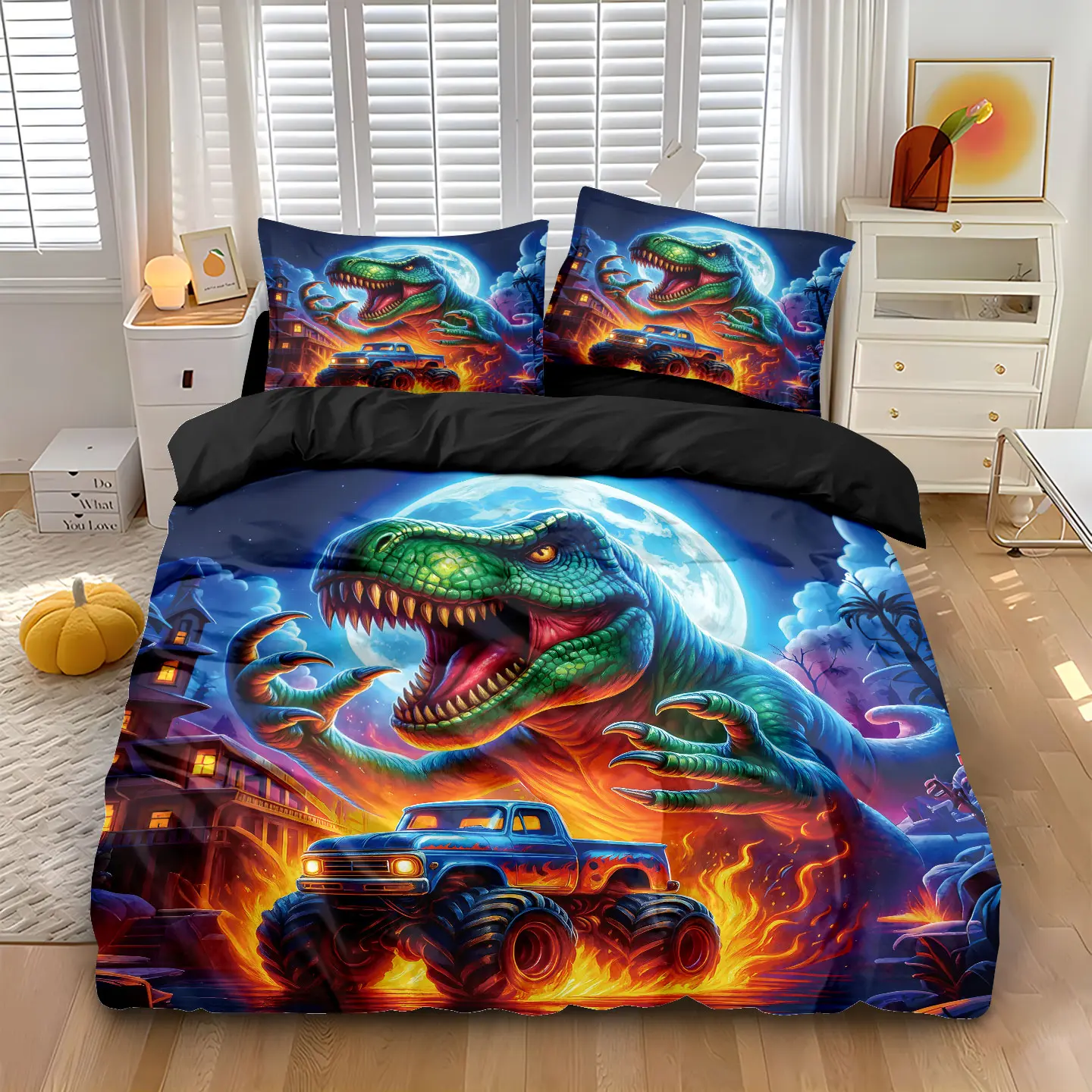 3pcs 3D effect Jurassic dinosaur and truck print pattern duvet cover combination set, including 1 duvet cover and 2 pillowcases, suitable for home bedrooms/hotels/schools, available in TWIN/FULL/QUEEN/KING sizes, Duvet Cover Sets