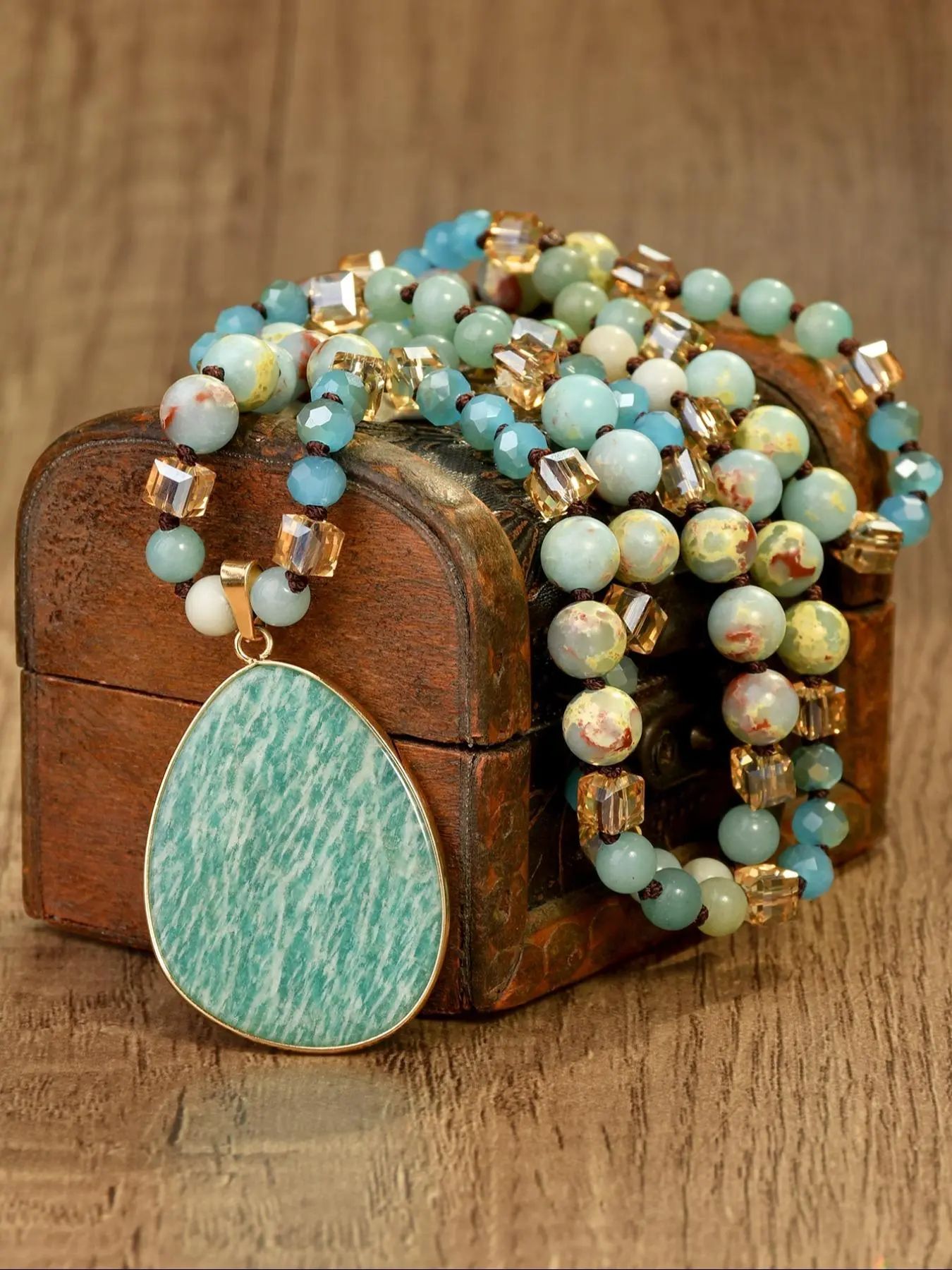 Bohemian Style Natural Stone Amazonite Pendant Design Long Necklace for Women, Exquisite Vintage Handmade Jewelry with Luxurious Aesthetic, Bead Accents, All Seasons Casual Accessory, Timeless Appeal, Unique Pendant