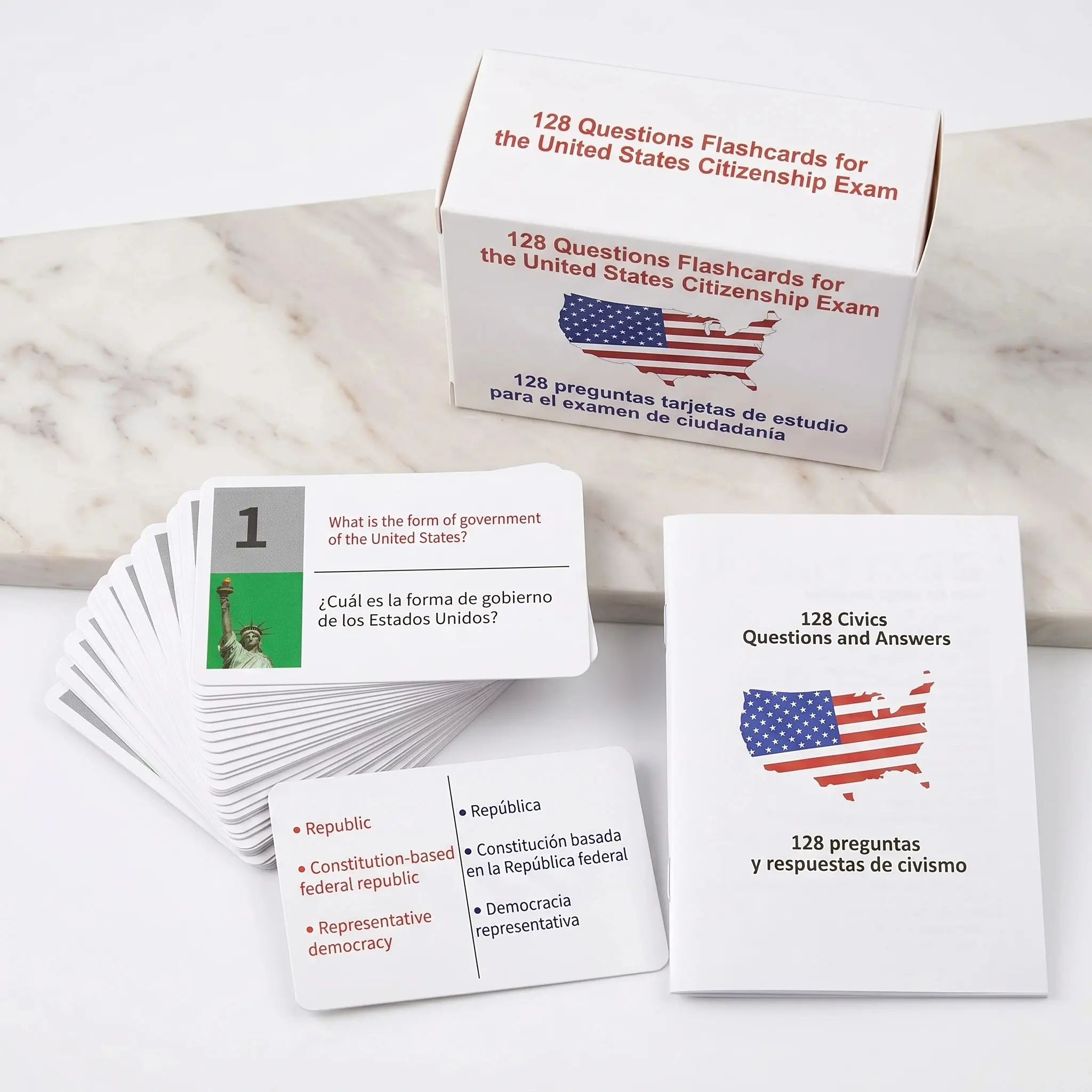 US Citizenship Naturalization Civics Flashcards 2026 - Portable Durable Office Stationery, 128 Official USCIS Questions & Answers, Bilingual Study Guide Booklet with Concept Support for Exam Prep