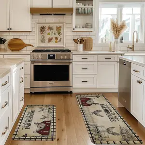 2/3pcs Vintage Farmhouse Rooster Kitchen Mat Set - Rustic Red Barn & Wheat Design. Machine Washable Polyester Rugs. Country Style Floor Decor for Kitchen, Bathroom, Entryway
