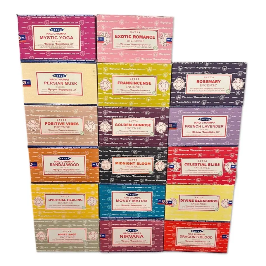 Satya Incense Sticks- Lavender, Money Matrix, Mystic Yoga, Positive Vibes, Sandalwood and Seven Chakras Scents Scented Aroma Freshener Fragrance Woody