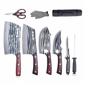 Butcher Knife Set, Hand Forged Butcher Chef Knife Set with Bag, Sharp Meat Cleaver & Bbq Carving Knives & Boning Breaking Knives for Kitchen