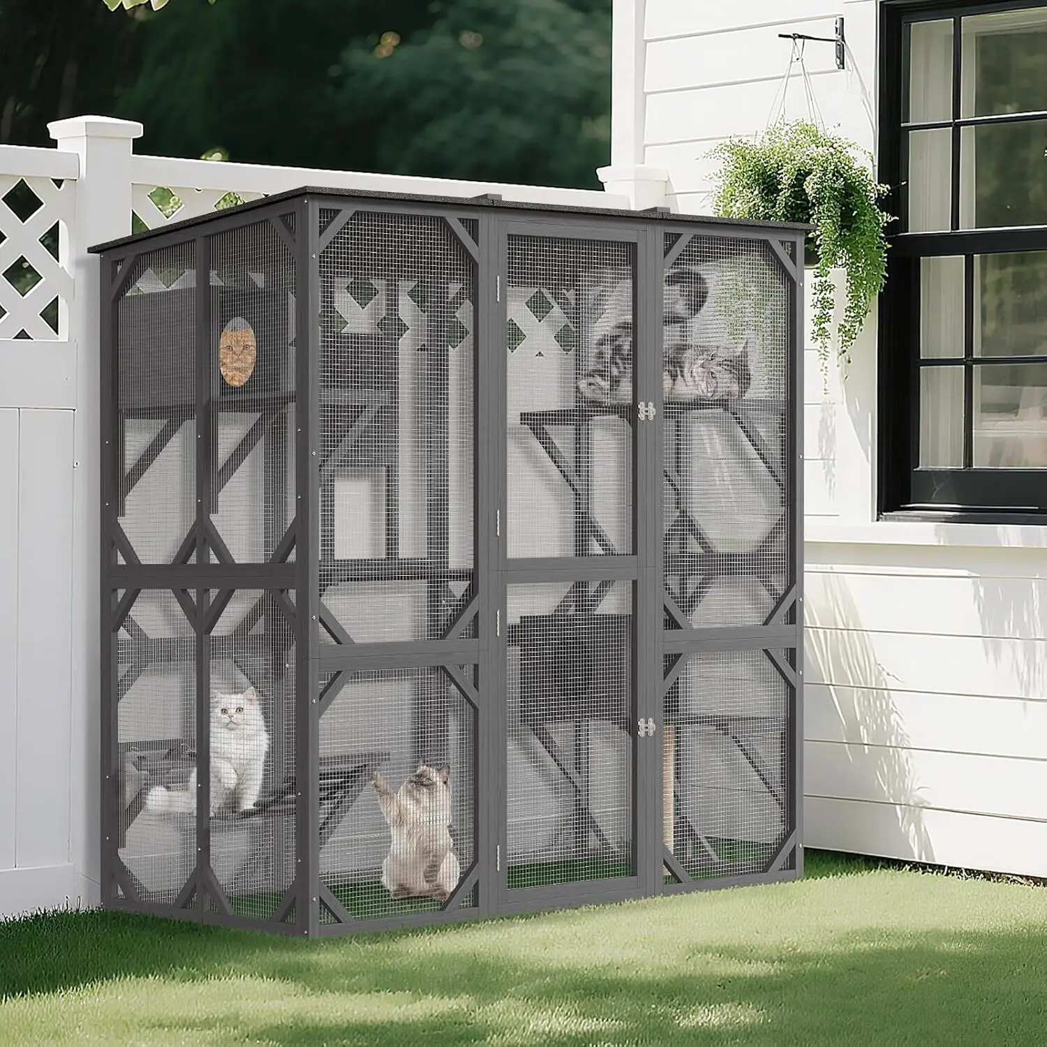 Gaomon 68in Fir Wood Walk-in Catio - 4-Tier Platform Outdoor Cat Enclosure, Waterproof Transparent Shelter, 2 Sliding Doors, Scratching Post, UV-Resistant Wooden Kennel for Multiple Cats