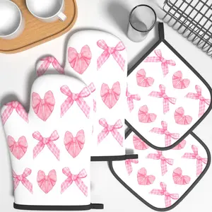 4pcs Oven Mitts And Potholders Pink Plaid Bow Heat Resistant Insulated Oven Mitts And Pot Holders Sets Suitable For Grilling, Cooking, Baking, Broiling, Microwave And Kitchen Decoration Gifts