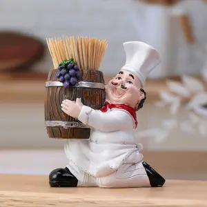 Mini Chef Theme Toothpick Holder with Wooden Bucket, Resin Material, Decorative Collectible Figure Storage, Unique Kitchen Accessory, Kitchen Home Storage