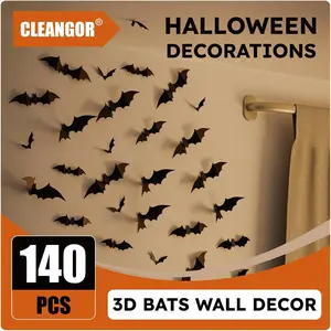 Halloween Decorations - 140Pcs 3D Bats Wall Decor, Spooky Halloween Party Supplies Stickers, Bat Wall Decal, Cute Halloween Decor Indoor for Bedroom, Bathroom, Home, Door, Window, Office Decorative Set