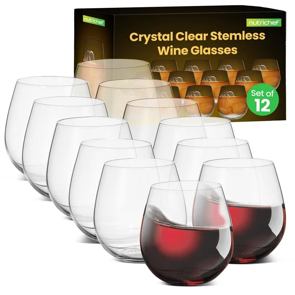 12-Piece Stemless Crystal Clear Wine Glasses Set | Ultra-Thin Lead-Free Wine Glasses with Stable Flat Base, Shatter-Resistant, Chip-Resistant & Dishwasher Safe - Elegant Drinkware for Home, Parties & Gifting