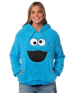 Sesame Street Women's Cookie Monster Embroidered Face Plush Fleece Long Sleeve Adult Costume Pullover Hoodie