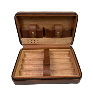 Portable Cigar Travel Case, 1 Count Wooden Lined Humidor with Zipper Closure, Elegant Leather Exterior Storage Box for Home & Travel, Organizer