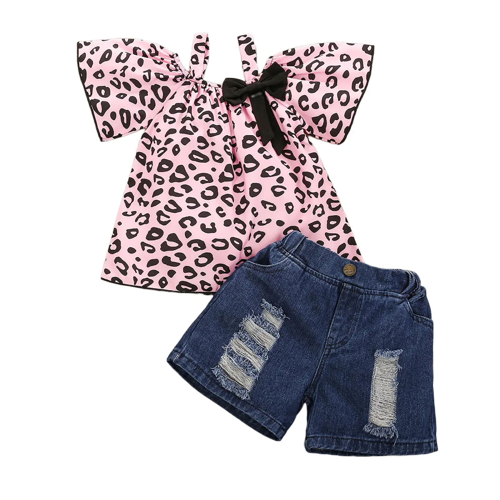 Kids Suit Set, Girls Leopard Print Short Sleeve Off Shoulder Tops+ Ripped Denim Shorts for Summer 2 Pieces