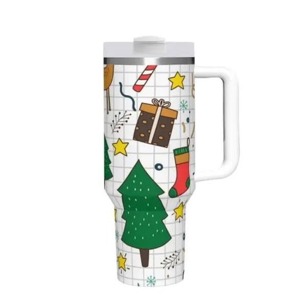 40oz Stainless Steel Vacuum Insulated Tumbler with Handle and Straw - Grid Doodle Christmas Tree, Stocking, Candy Cane Holiday Themed Travel Mug, Xmas Decor Kitchenware Gift, Handle+Straw